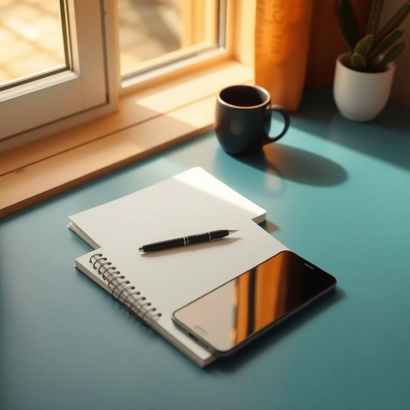 Birou minimalist cu caiet, stilou și telefon pe o suprafață azurie