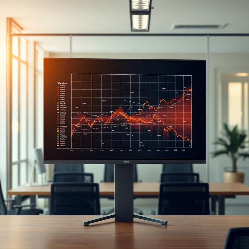 Matrice de risc abstractă pe un ecran azuriu într-un birou modern